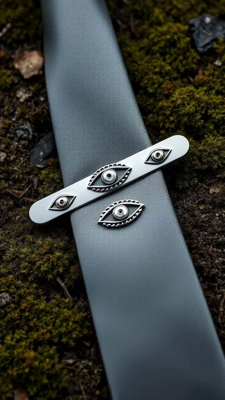 Silver tie bar with eye designs on moss, showing health symbolism and elegant design.