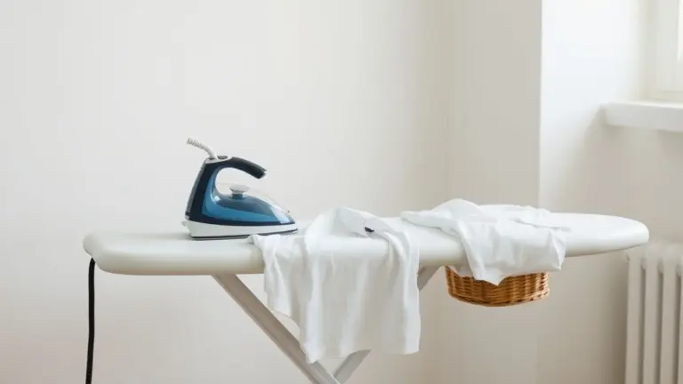 Minimalist ironing setup with iron, board, and clothes basket.