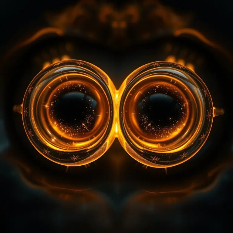Close-up of two black, sparkling singularity eyes within glowing spirit orbs.