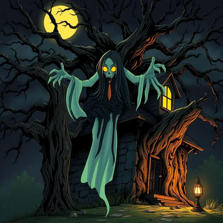 Ghostly figure emerging from a tree in 1960s cartoon style.
