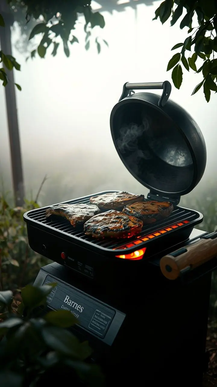 Electric grill sizzling meat in a misty, retrofuturistic barn with falling leaves.