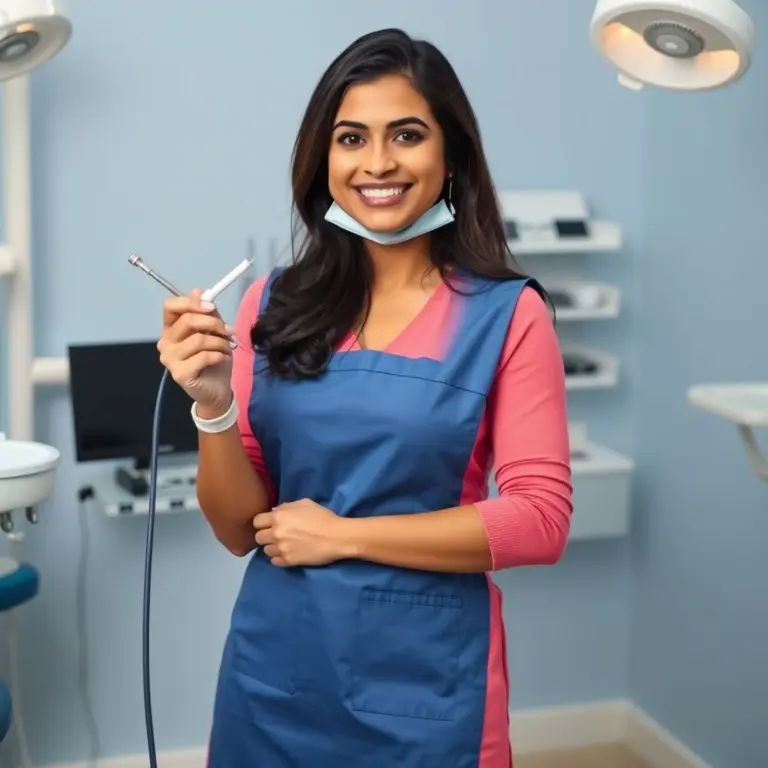 Desi female dentist in blue scrubs and black boots holding a dental tool during surgery.