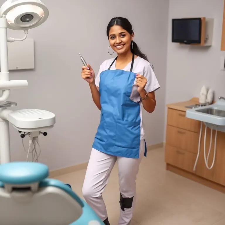 Desi female dentist in blue bib and ankle boots holding dental tool.
