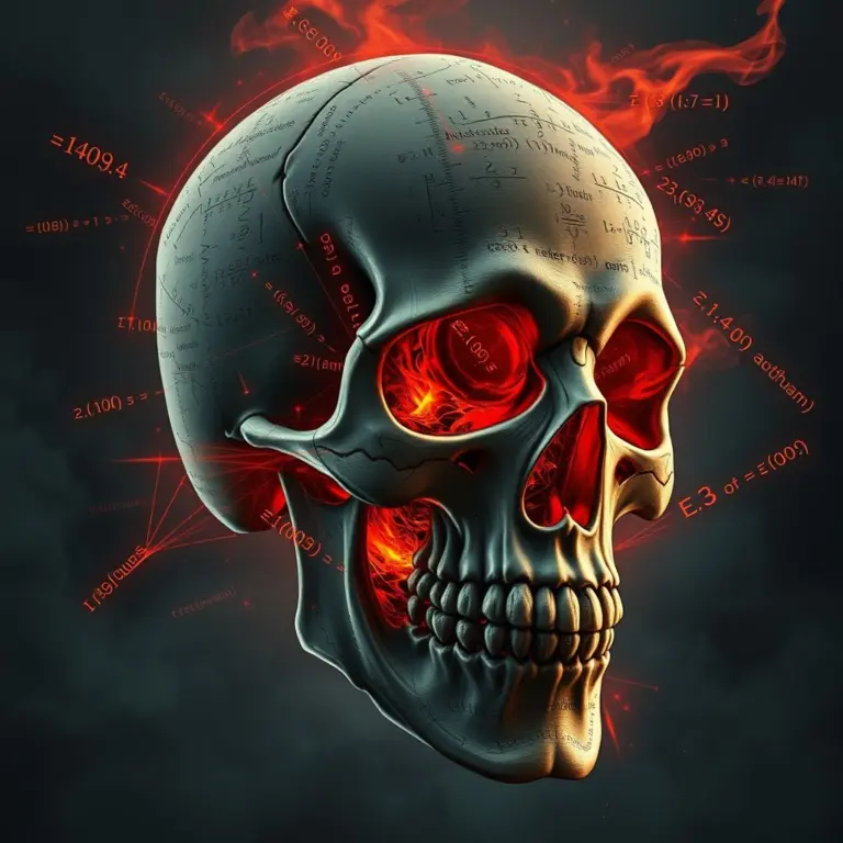 Skull filled with mathematical formulas, red glowing eyes