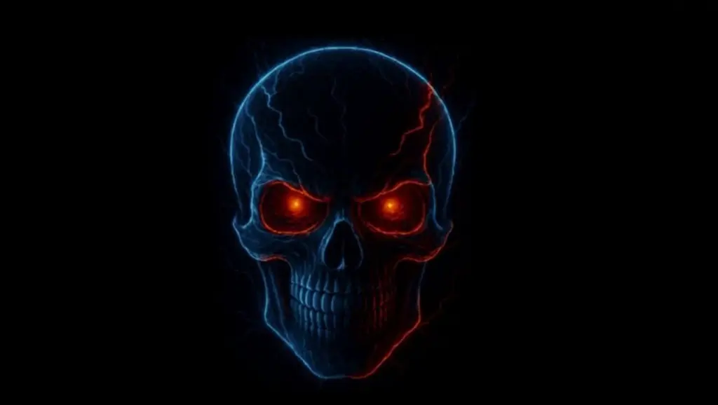 A skull shifted to the left on a dark screen.