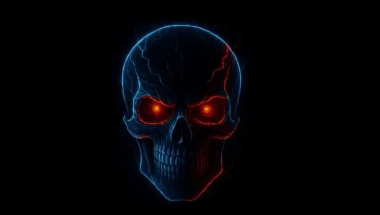 A skull shifted to the left on a dark screen.