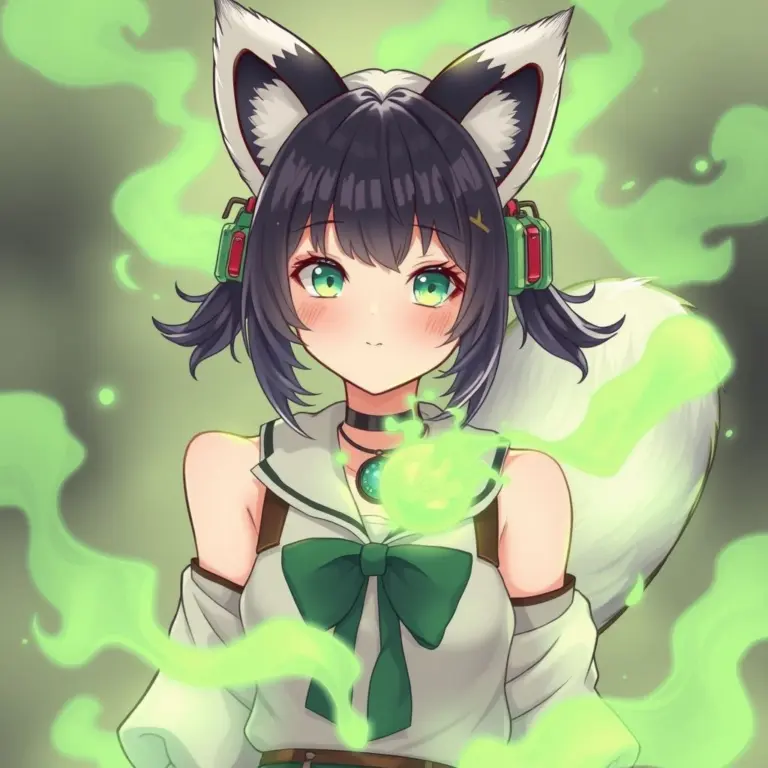 Kemonomimi woman with skunk features and green gas