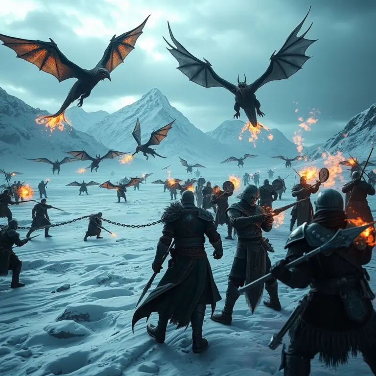 Cinematic view of a hero fighting dragons and bandits in snowy Skyrim.