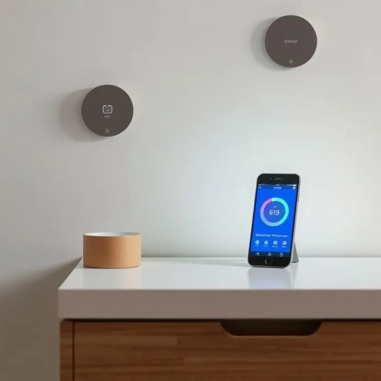 Modern living room with smart home devices.