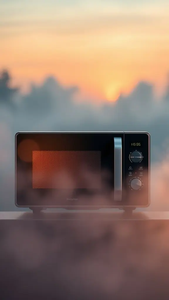 Modern smart microwave on sale at dawn, with mist and bokeh.