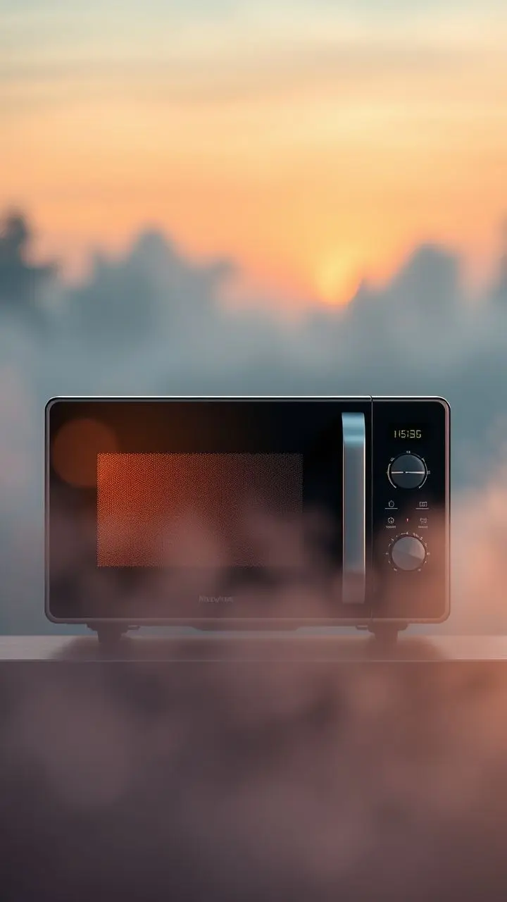 Modern smart microwave on sale at dawn, with mist and bokeh.