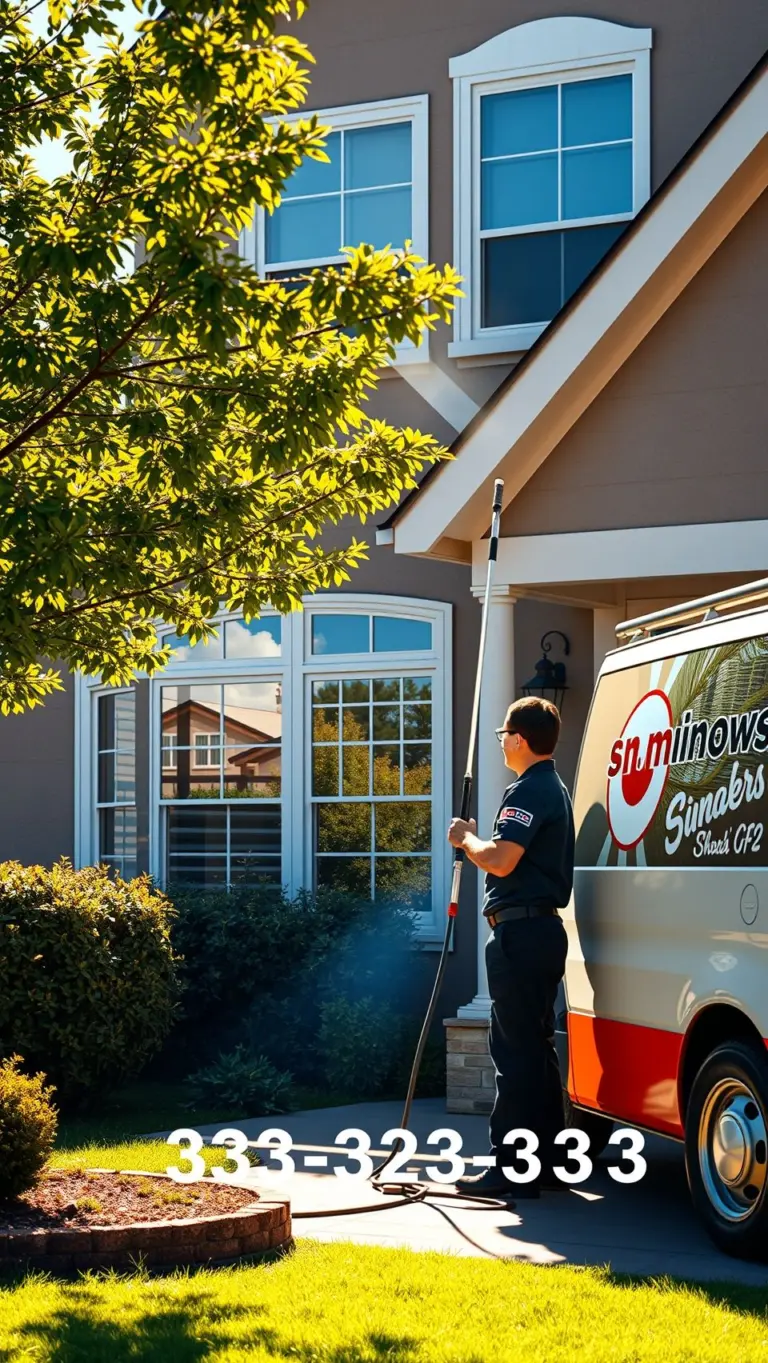 Window cleaner working on a suburban house with a 'Smiling Windows' logo.