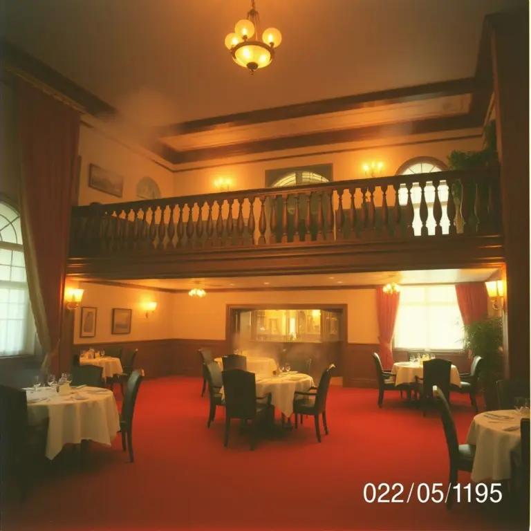 1990s photo of a smoky vintage hotel restaurant with red carpet and date stamp.