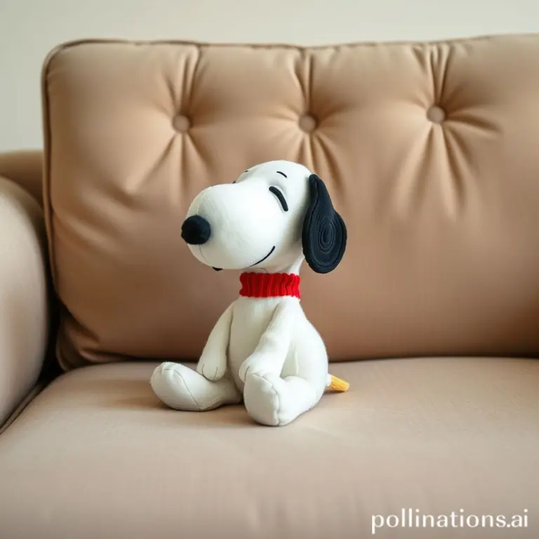 White Snoopy sock on a sofa.