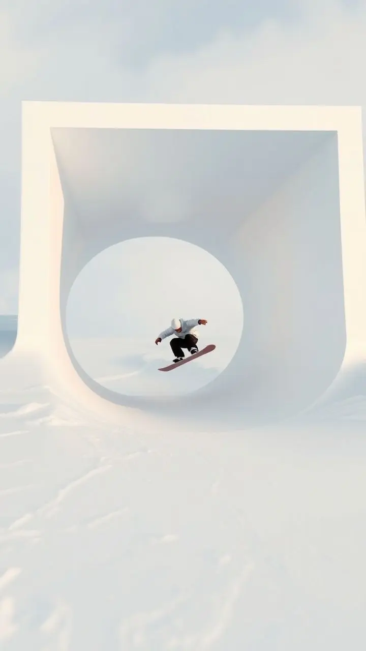Snowboarder mid-air in a minimalist halfpipe with winter landscape.