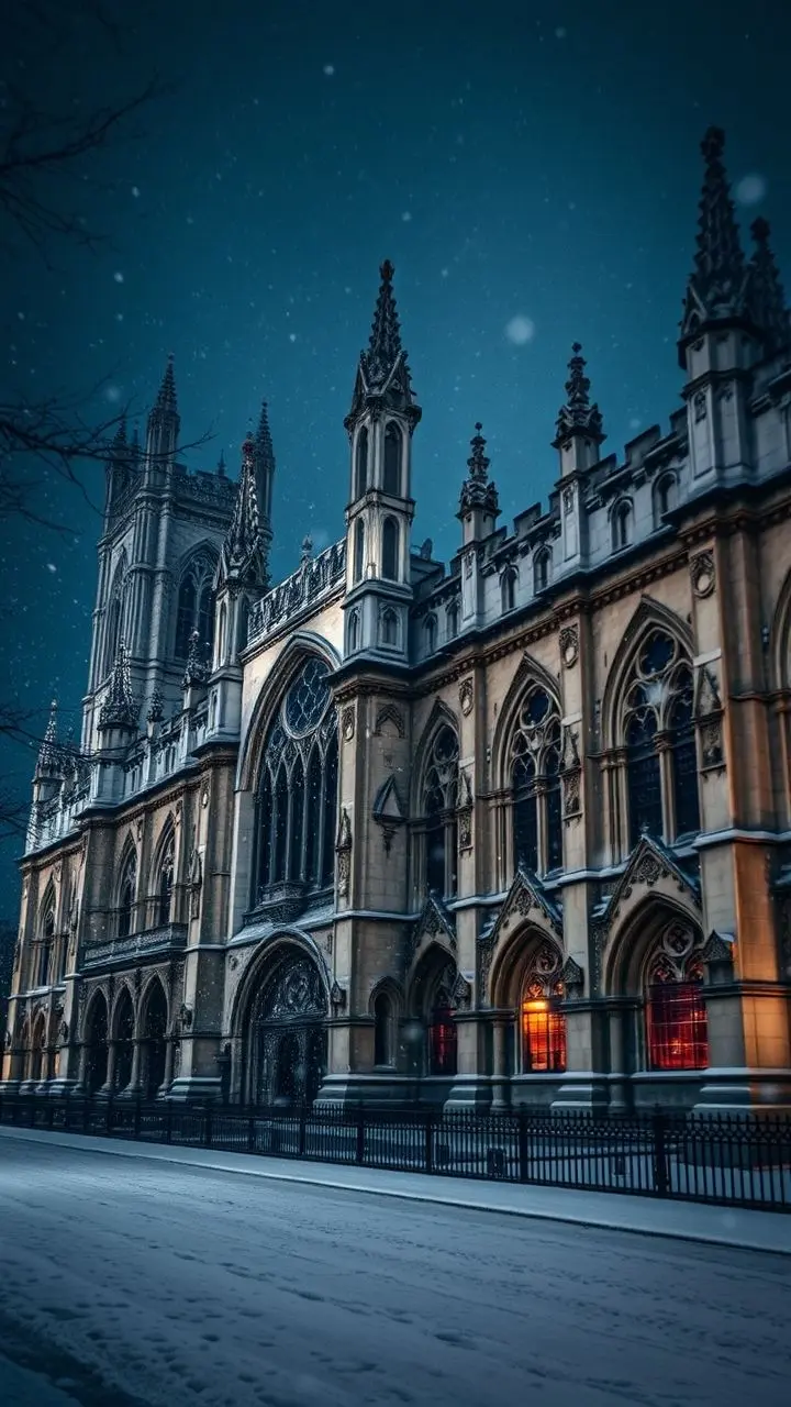 Westminster Abbey at 3 AM with snow.