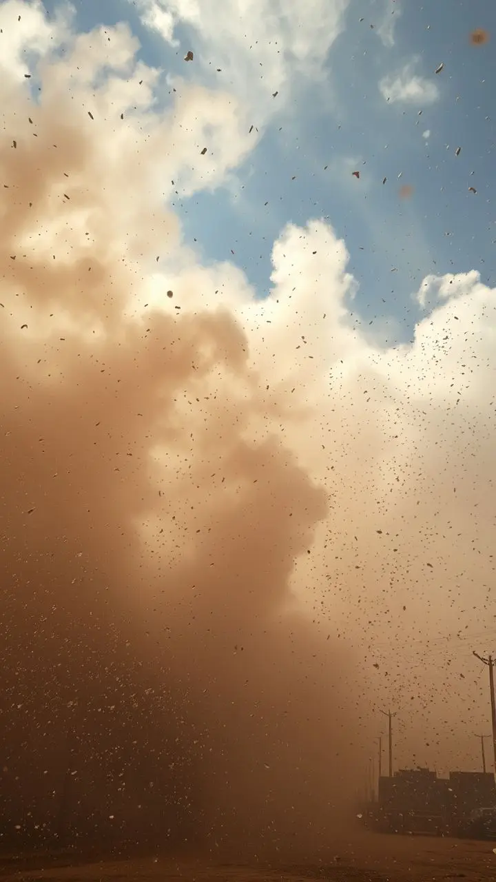 Dust storm with sleet and pellet debris, high contrast, impressionist blur.