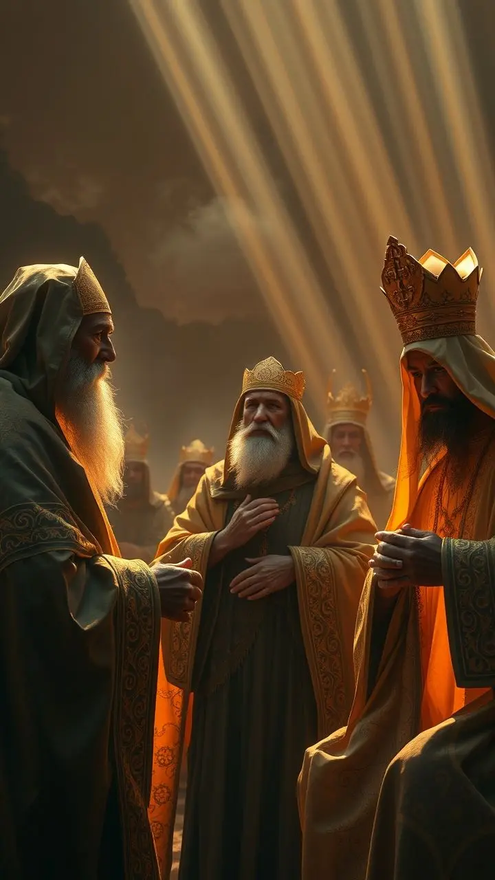 Saints and bishop in counsel with golden oil motifs against a hot, digital matte background.