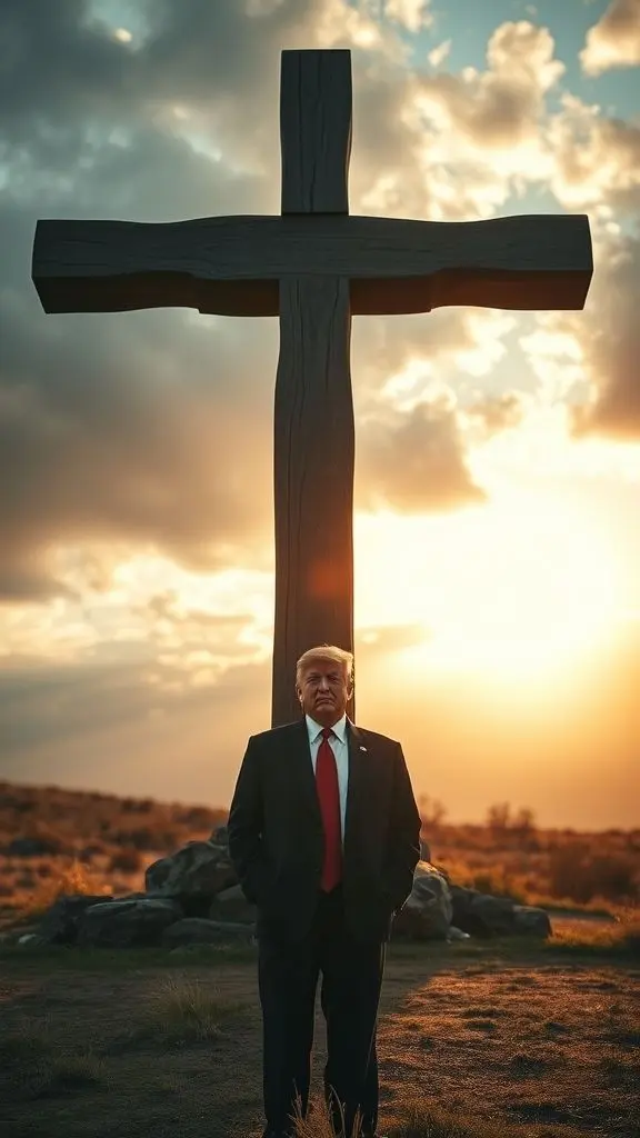 Figure in front of a wooden cross at sunrise.