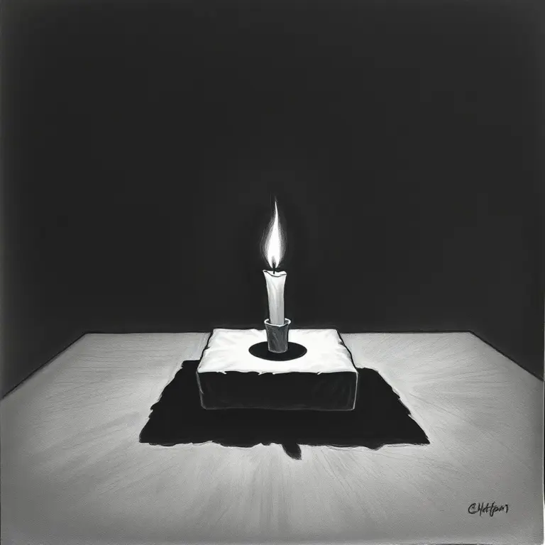 Charcoal drawing of a single candle flickering in a dark, empty room.