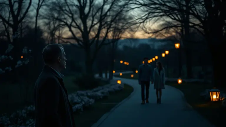 A lonely man observes a happy couple in a park at dusk.