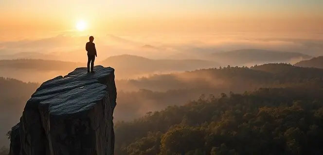 Figure on cliff overlooking misty valley at sunrise.