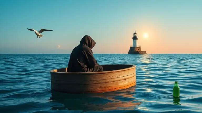 Hooded figure on a pier at dawn with cut fishing nets and a lighthouse.