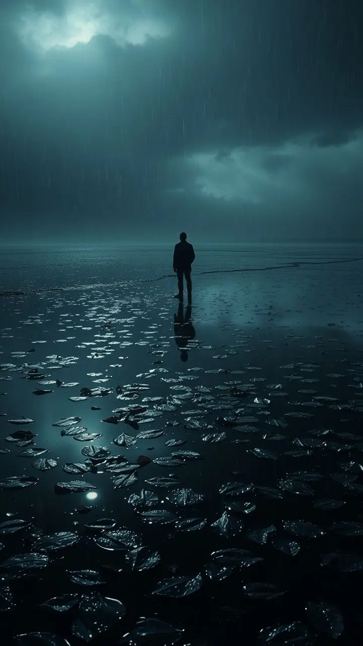 Figure in stormy night with wet leaves on tidal flats