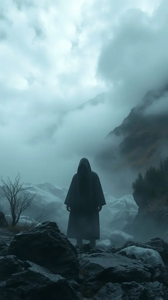 A figure in a misty, rugged glacier during an autumn storm.