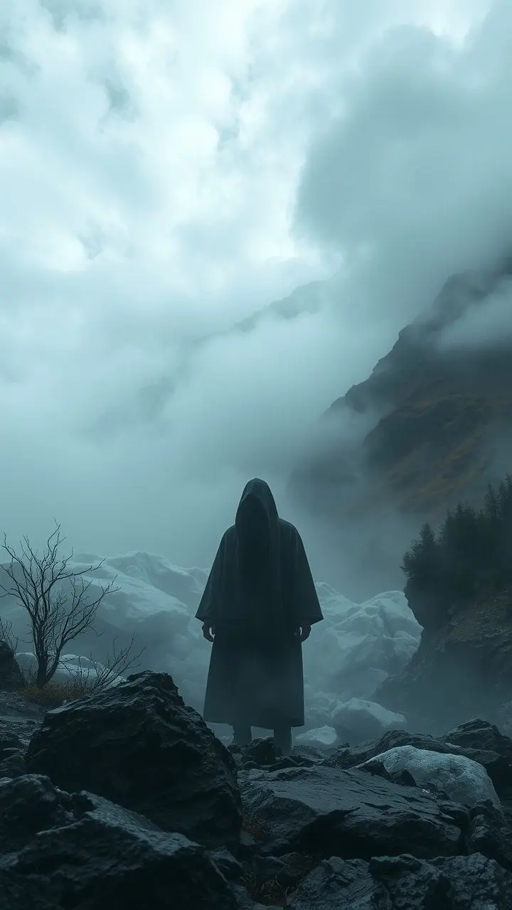 A figure in a misty, rugged glacier during an autumn storm.