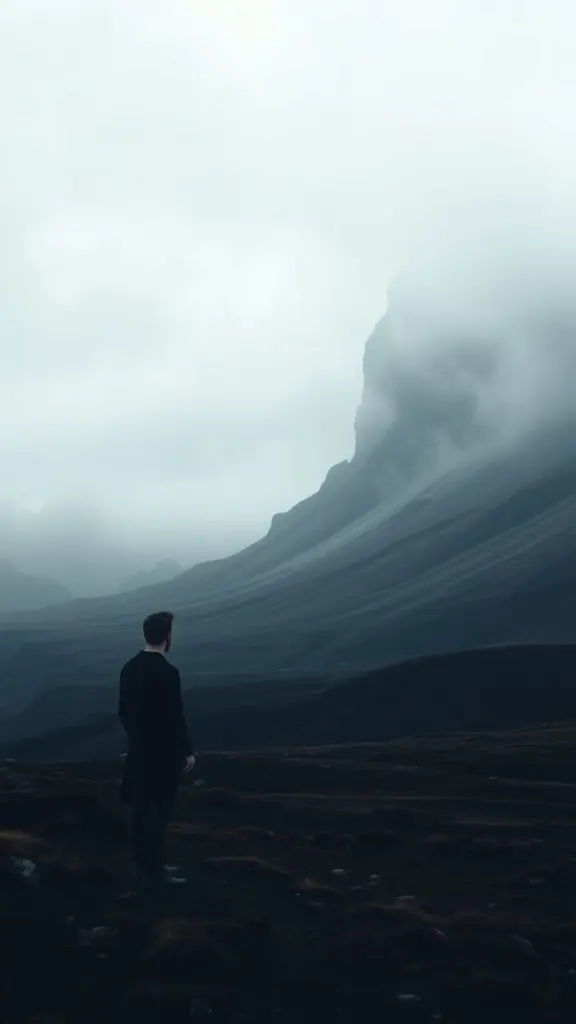 Scottish landscape with rolling hills, cliffs, and tundra veiled in mist, a solitary figure gazes out.