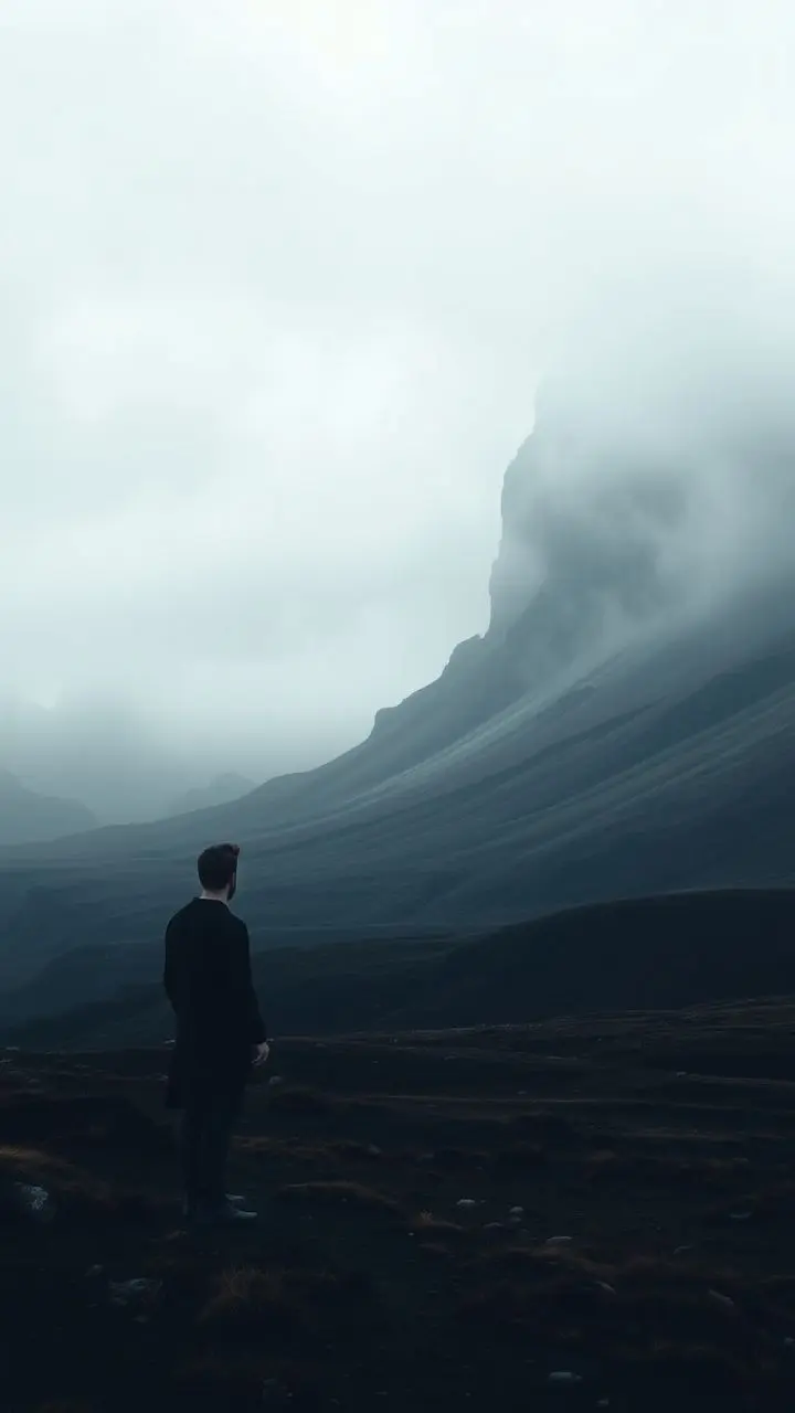 Scottish landscape with rolling hills, cliffs, and tundra veiled in mist, a solitary figure gazes out.