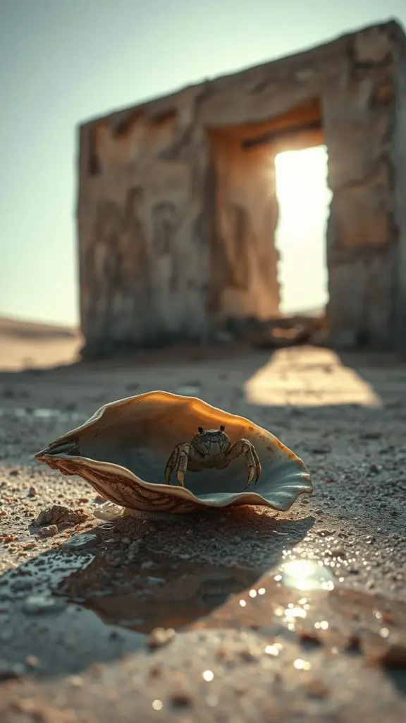 Hermit crab on sand under harsh sun with mirage and brutalist building.