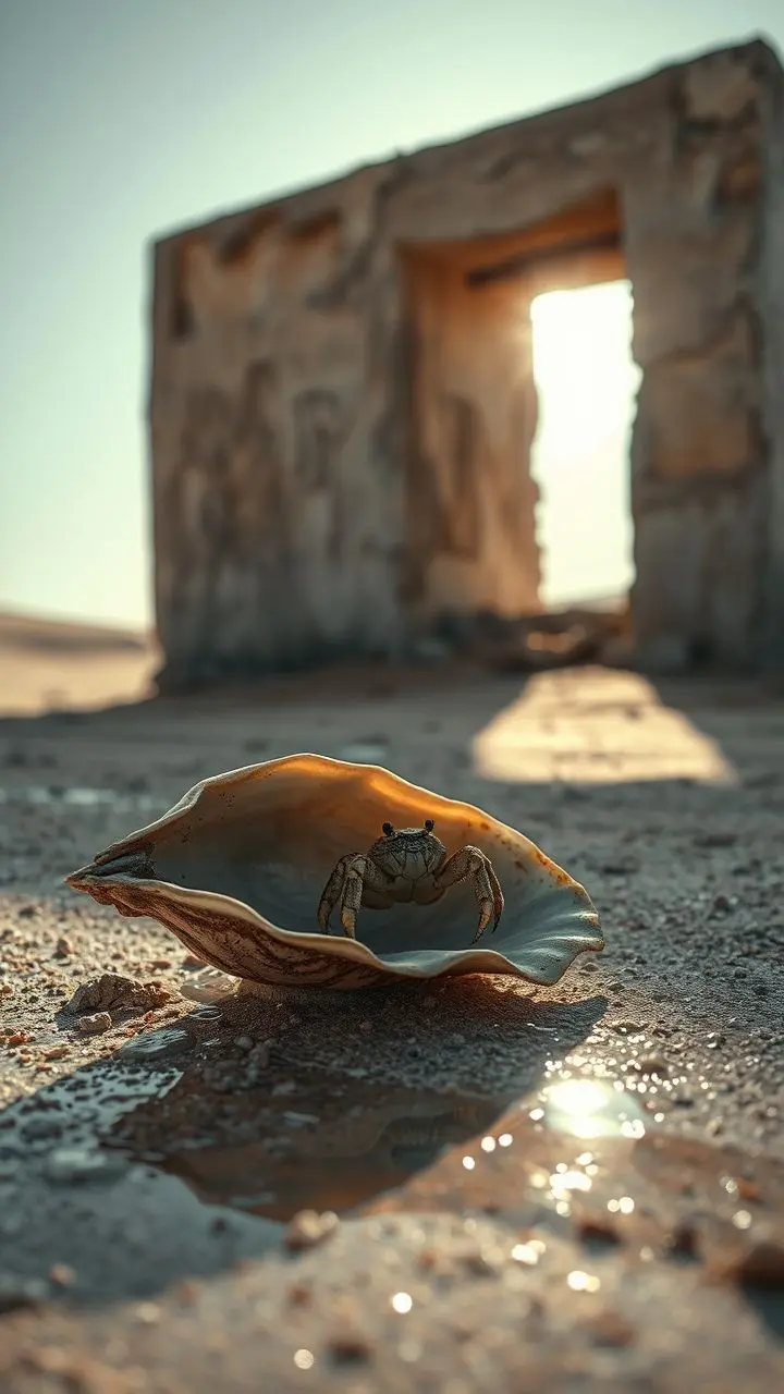 Hermit crab on sand under harsh sun with mirage and brutalist building.
