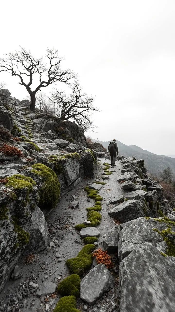 Hiker on a blurred, monochrome ridge trail with mossy rocks.