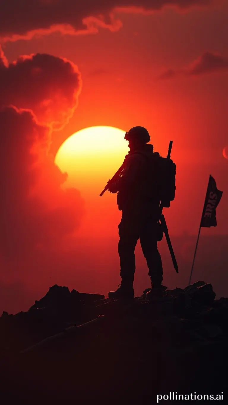 Silhouette of a soldier against a red sunset, overlooking a smoky, war-torn landscape.