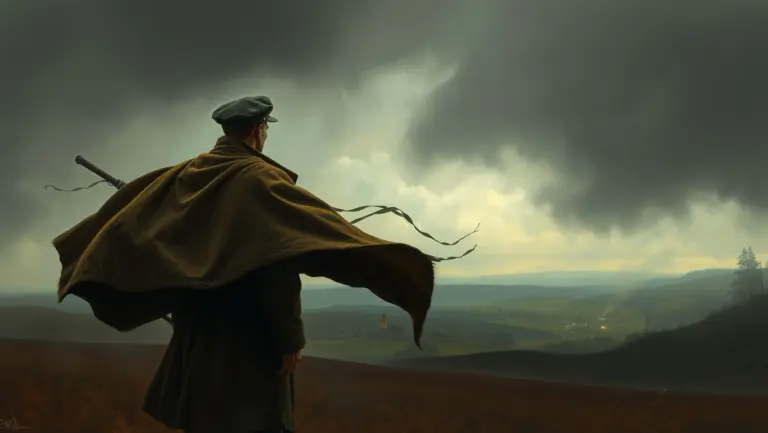Soldier watching village in storm, wind in coat.