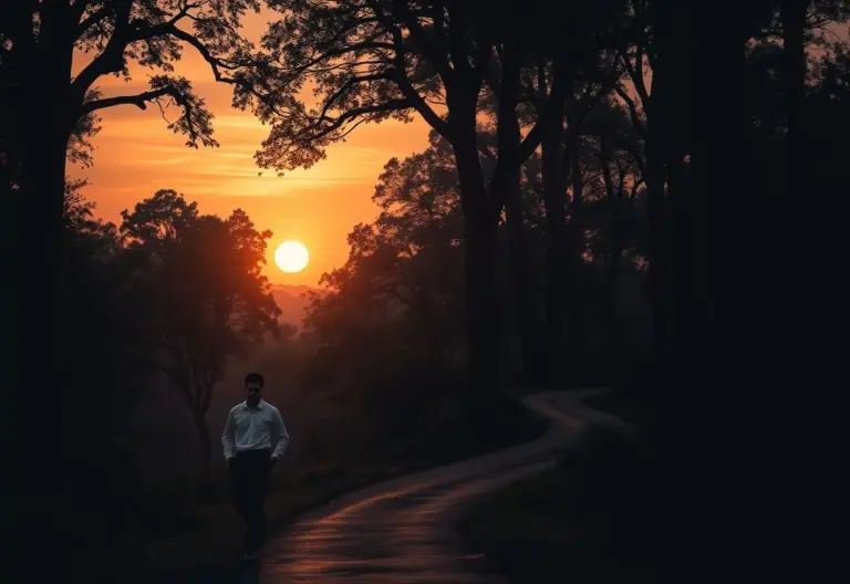 Man walking on a forest trail during a melancholic sunset.