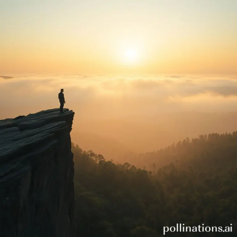 Figure on cliff overlooking misty valley at dawn.