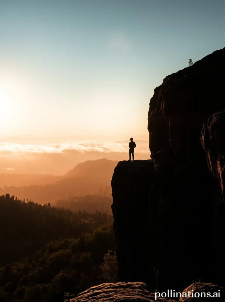 Figure on a cliff overlooking a misty valley at dawn.