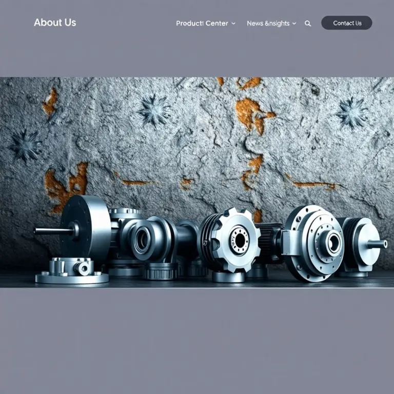 Homepage hero section for a machinery manufacturer with industrial background and modern navigation.