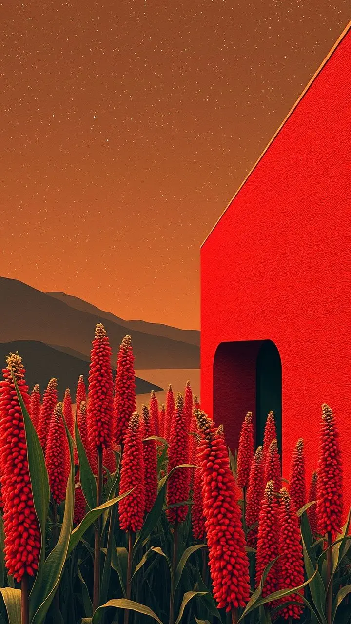 Minimalist sorghum field with stars and neon architecture.