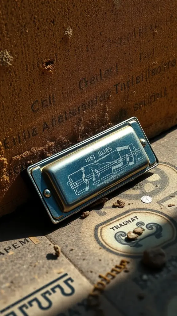 Vintage harmonica on weathered background, blues music, water symbol.