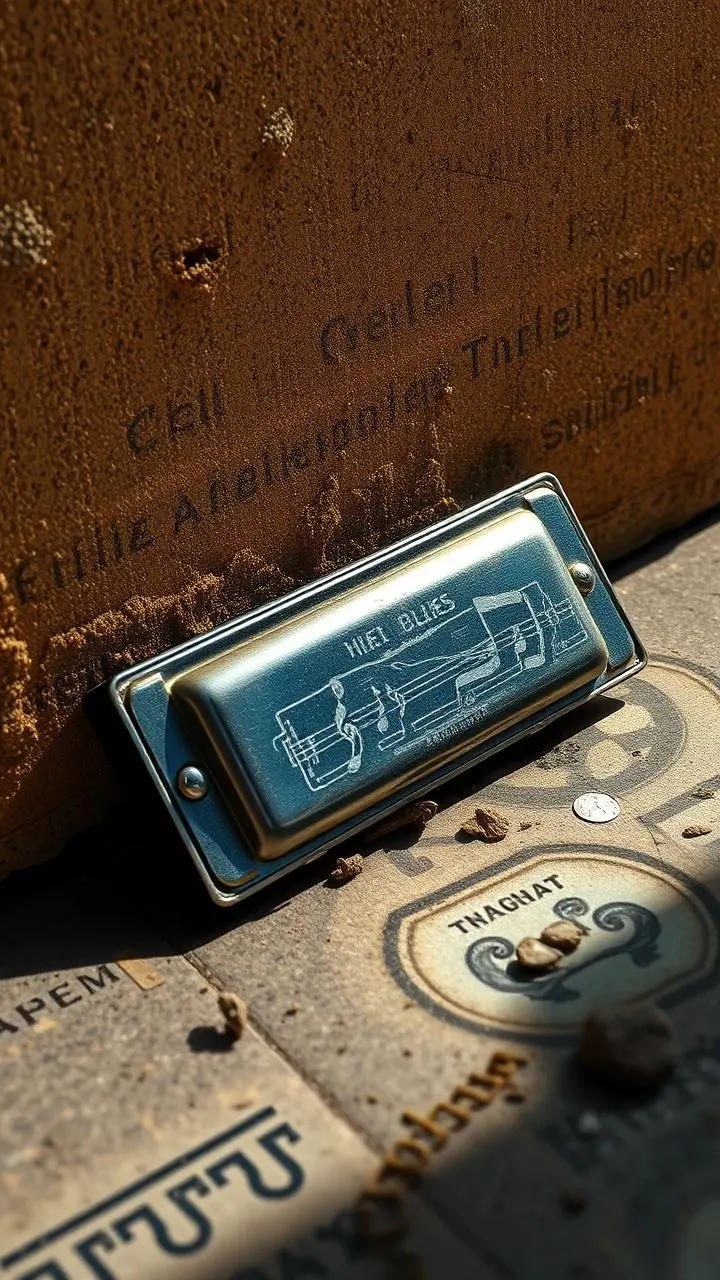 Vintage harmonica on weathered background, blues music, water symbol.