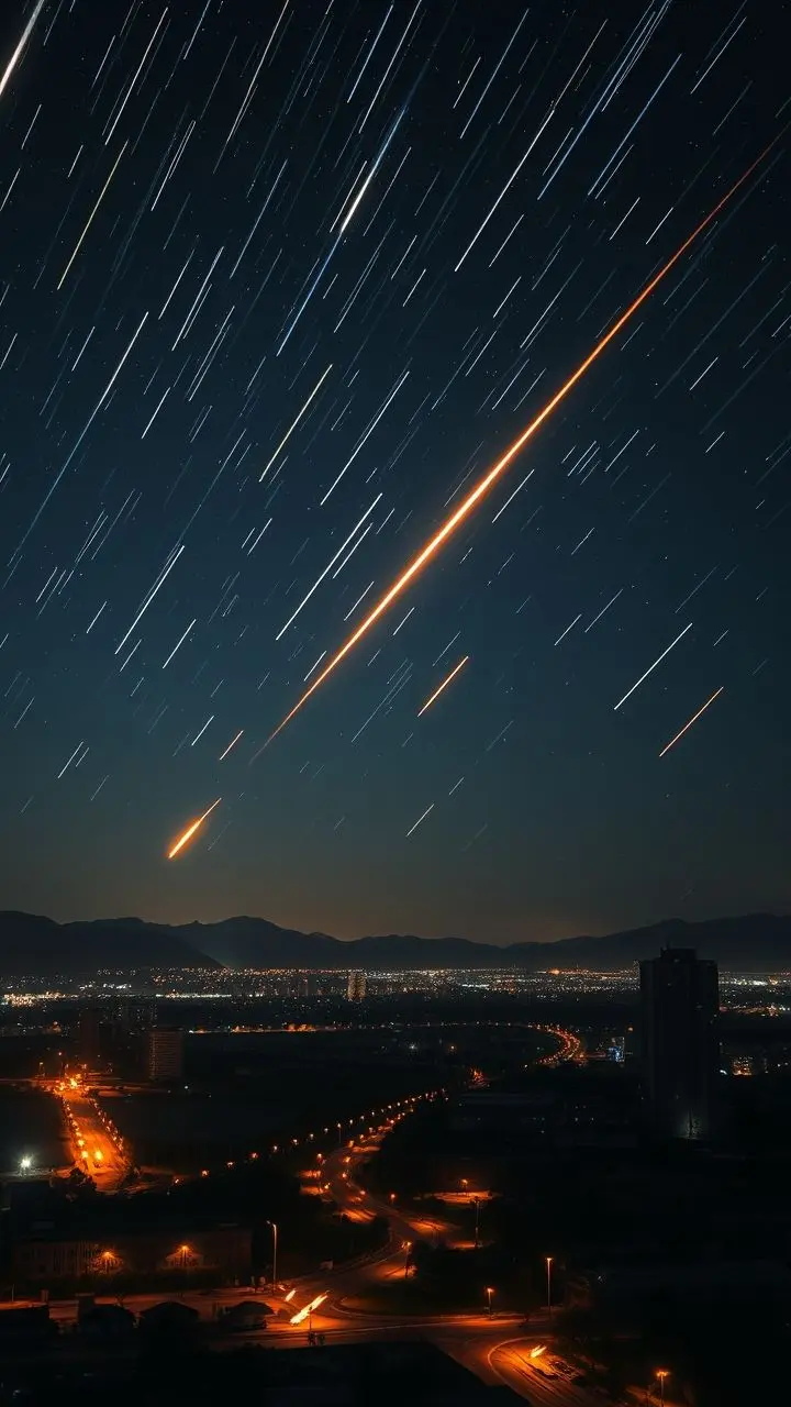 A meteor shower over a city with burning pavement.