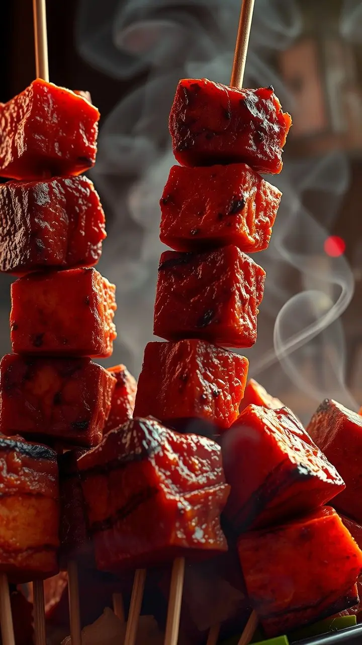 Souvlaki skewers with cyberpunk neon accents and hazy literary-themed background.