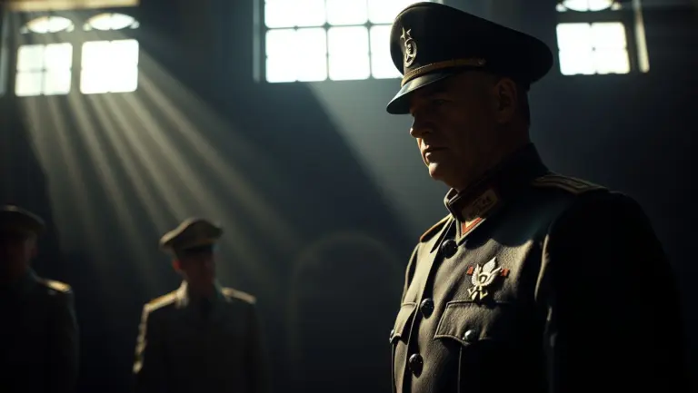 Stern Soviet officer in 1930s uniform, intense interaction, chiaroscuro lighting.
