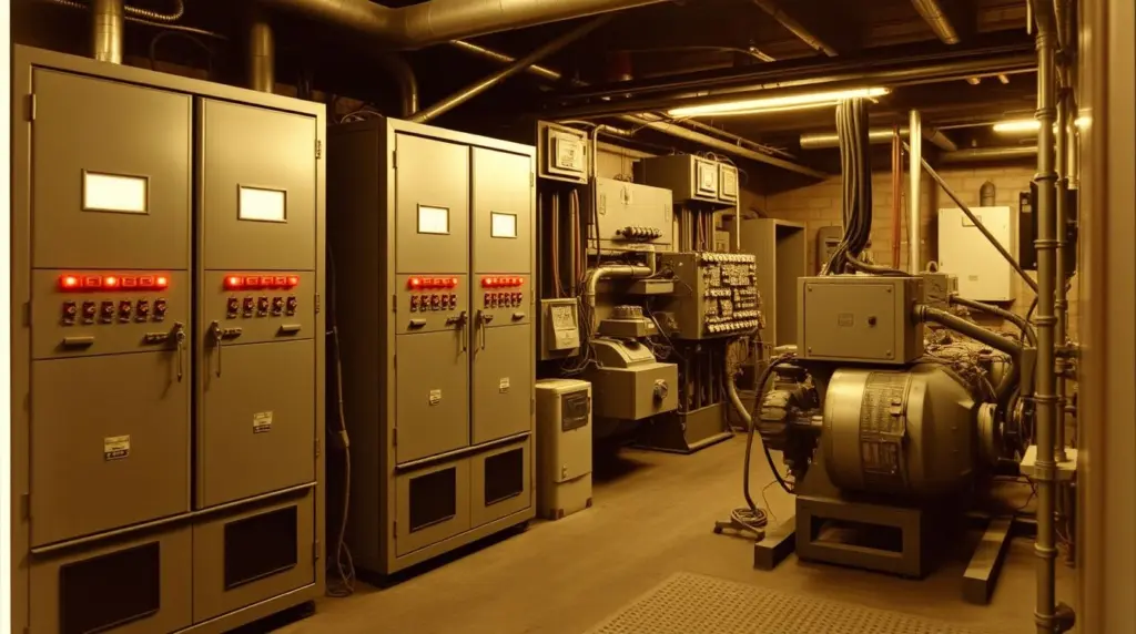Black and white photo of large, old metal server cabinets with blinking lights in an underground room.