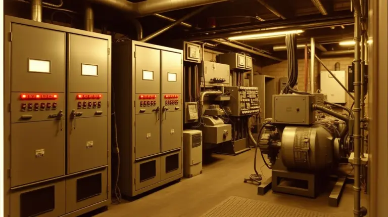 Black and white photo of large, old metal server cabinets with blinking lights in an underground room.
