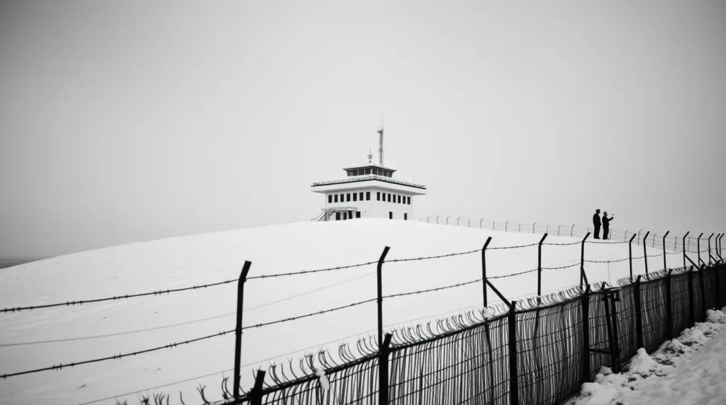 Black and white photo of a remote Soviet weather station on a snowy hill with fences.